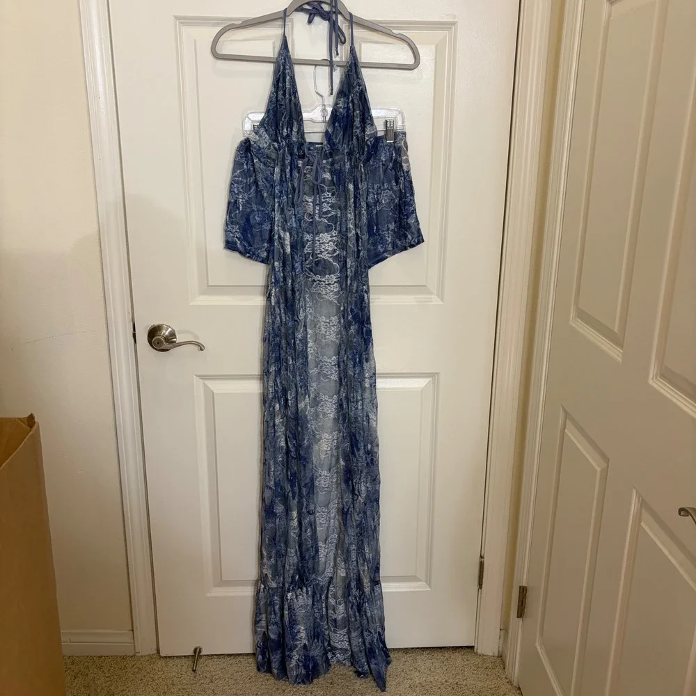Fashion Nova Blue Floral Lace Mesh Halter Maxi Duster and Shorts Cover Up Set